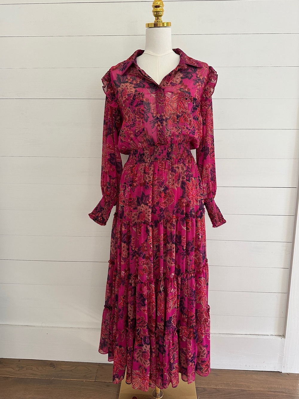 Misa Los Angeles Floral Fuchsia Long-Sleeve Maxi Dress